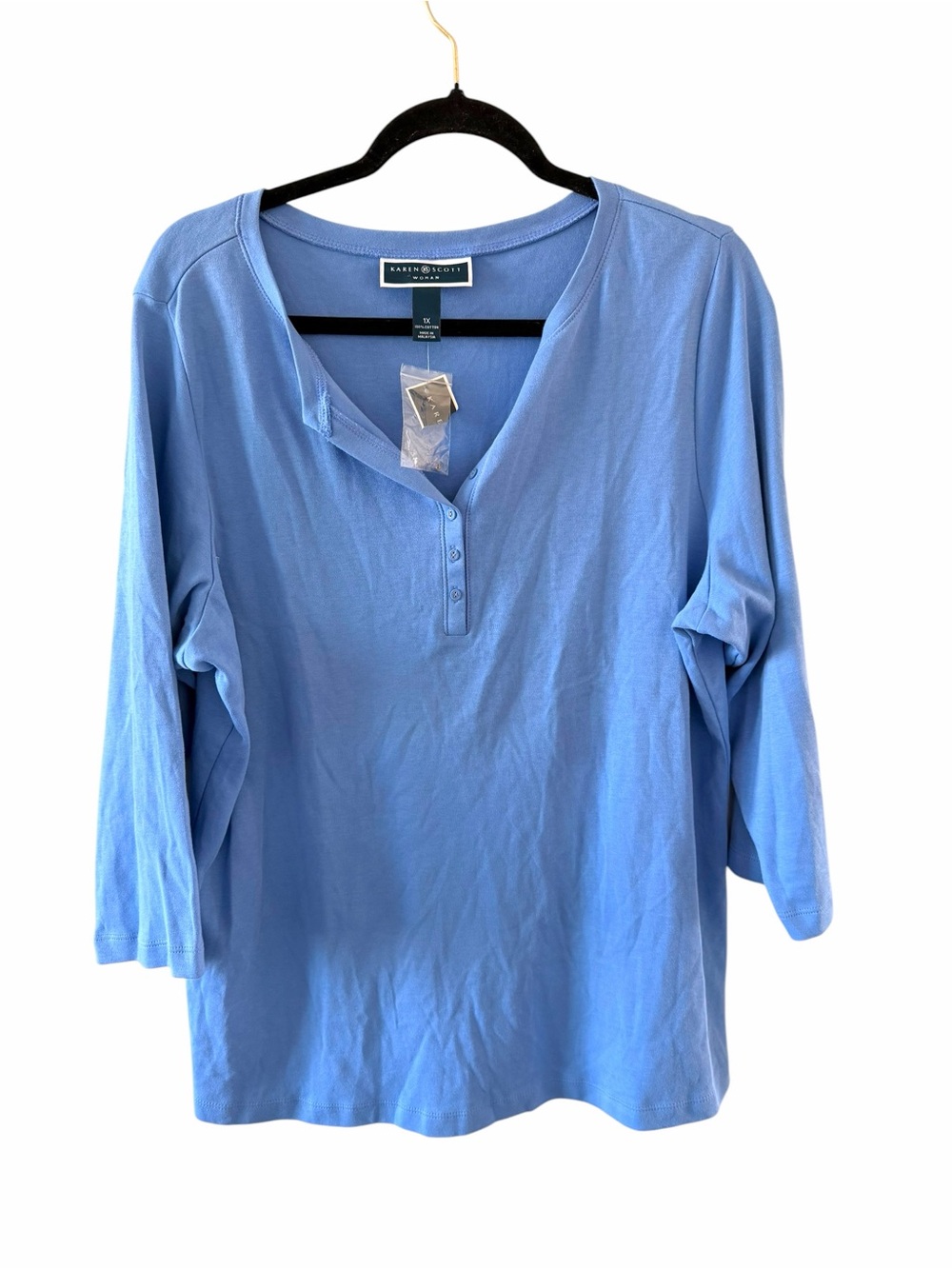 Karen Scott 100% cotton Light Blue Henley Long Sleeve Top